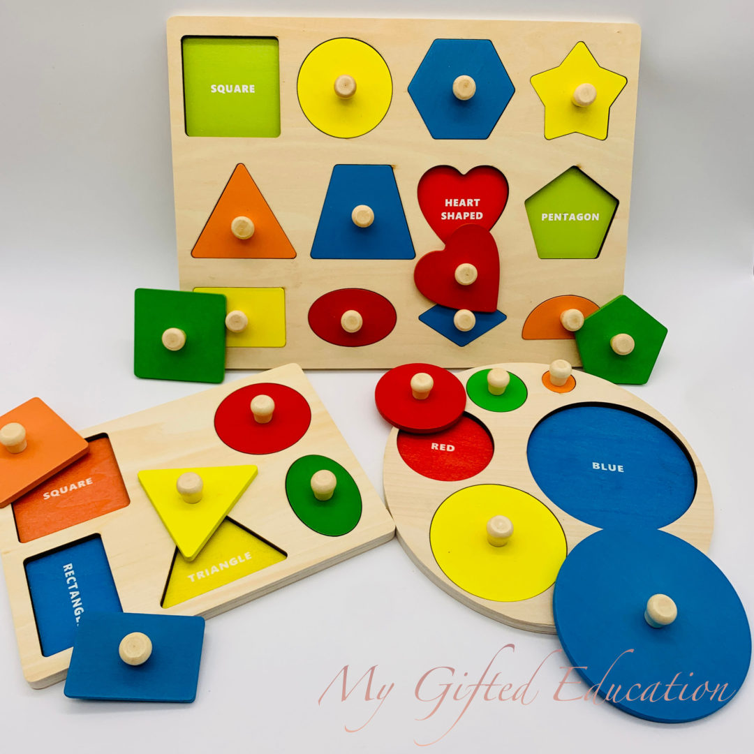 Montessori Geometric Shapes Peg Puzzles W Labels Math Tracing